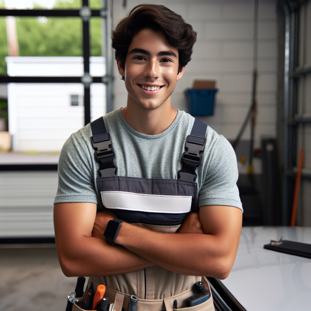 Professional technician repairing a garage door with tools, showcasing expert garage door services for homeowners.