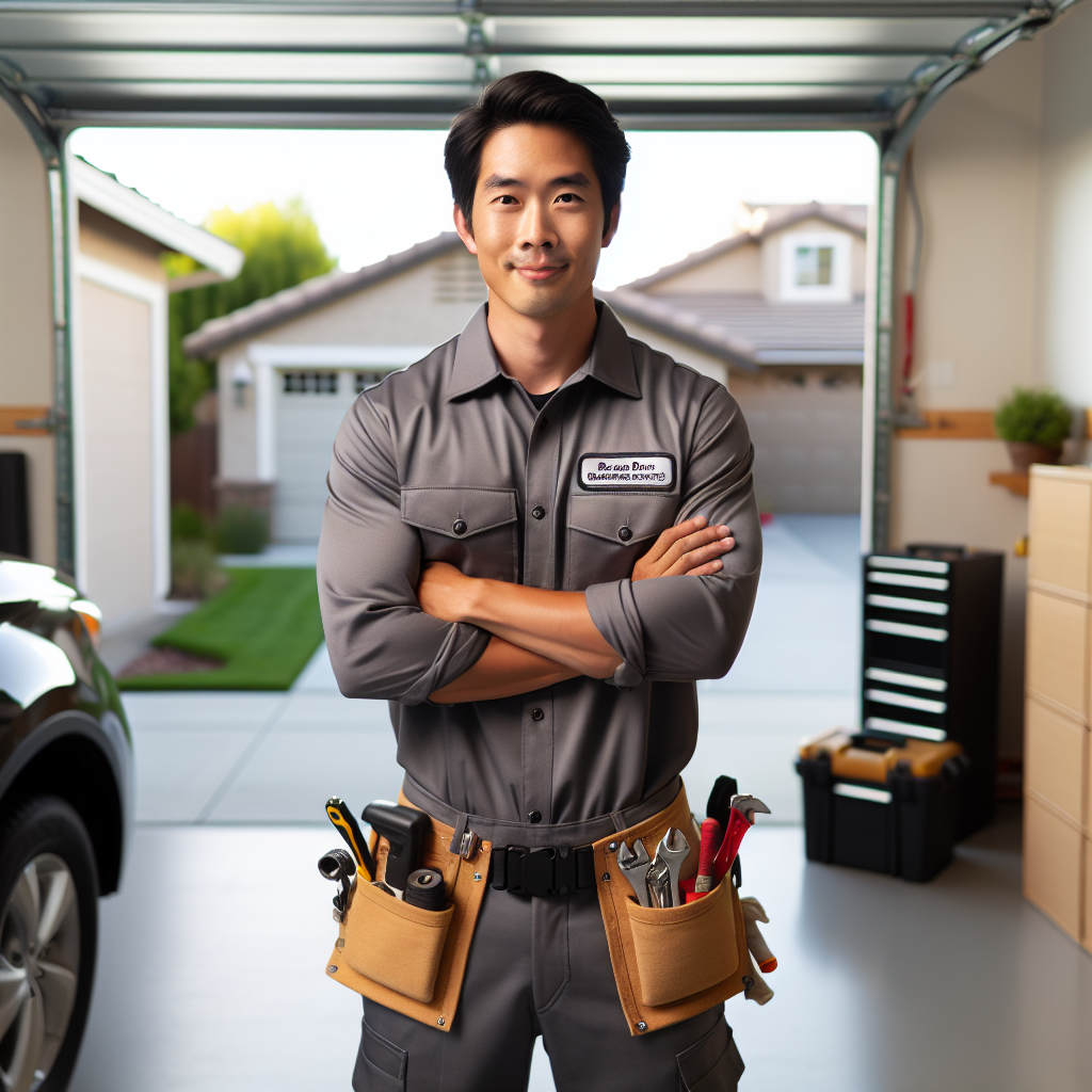 Professional technician inspecting garage door for property management, showcasing expert garage door services and mainten...