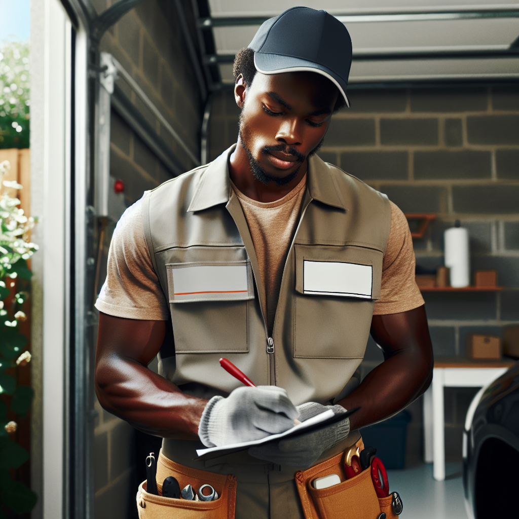 Professional garage door technician inspecting commercial garage door for warning signs and maintenance services.