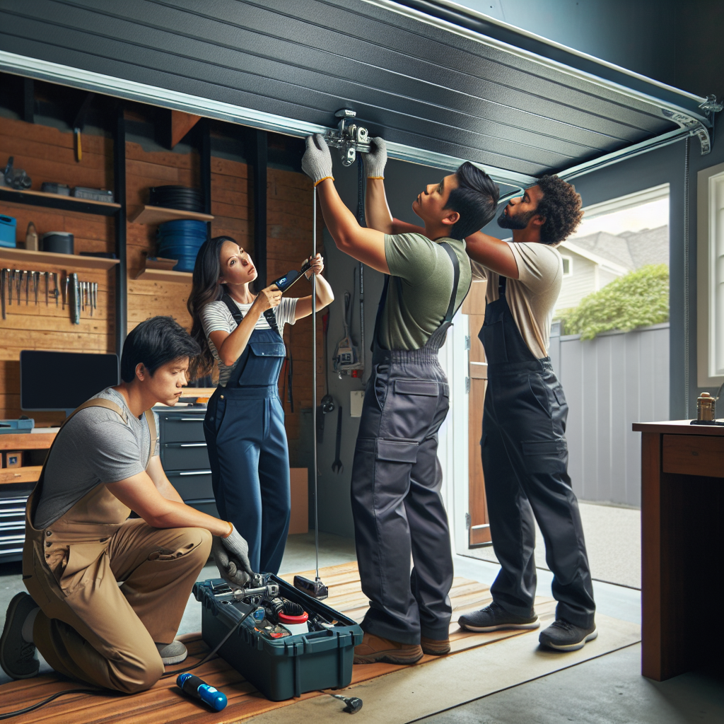 Technician repairing garage door with tools, showcasing professional garage door services and timely maintenance solutions.