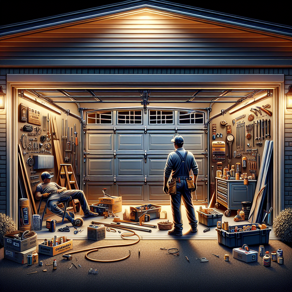 Technician repairing a garage door with professional tools, showcasing expert garage door services for residential customers