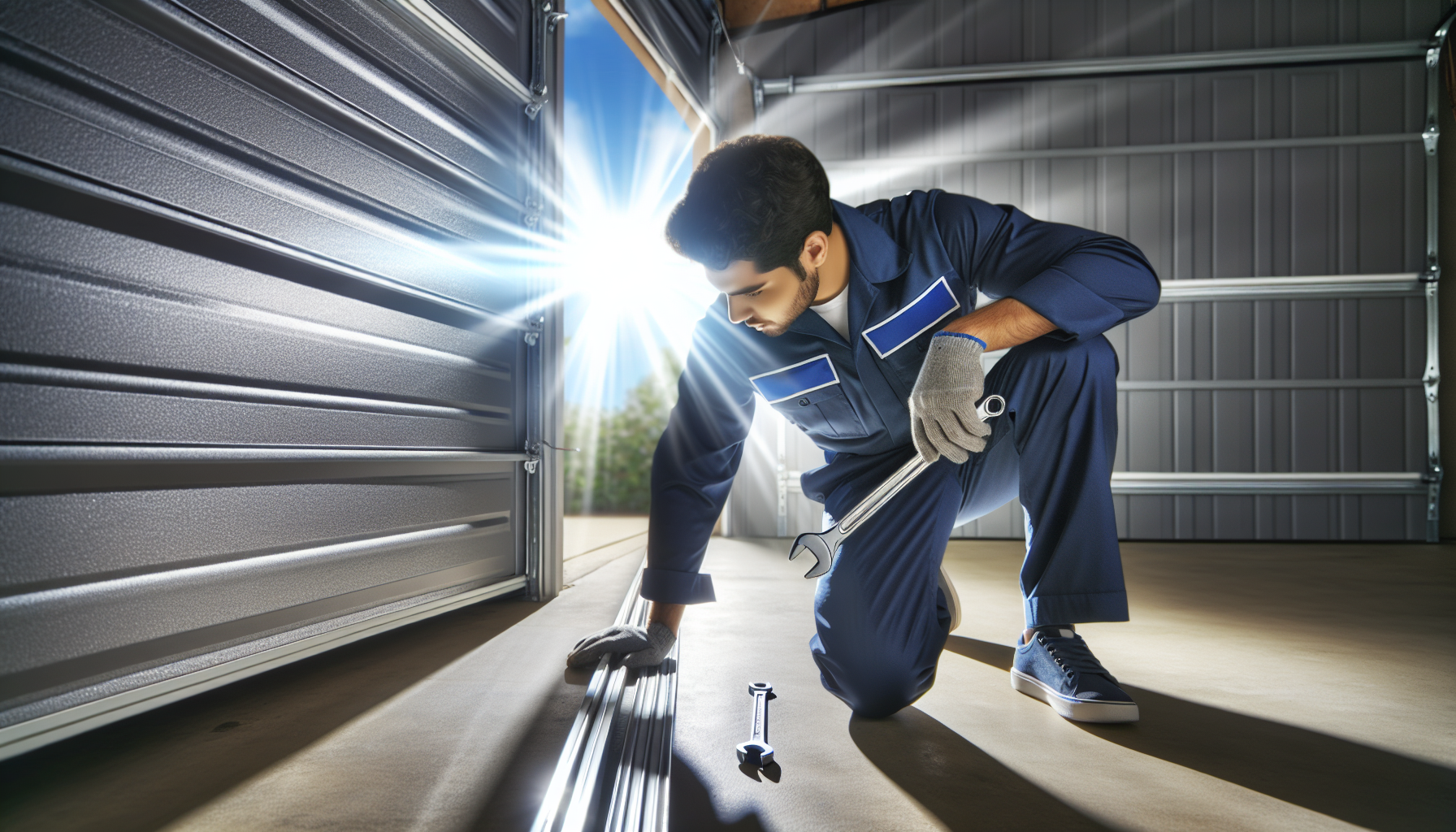 Garage Door Repair professional fixing a broken garage door in a residential driveway.