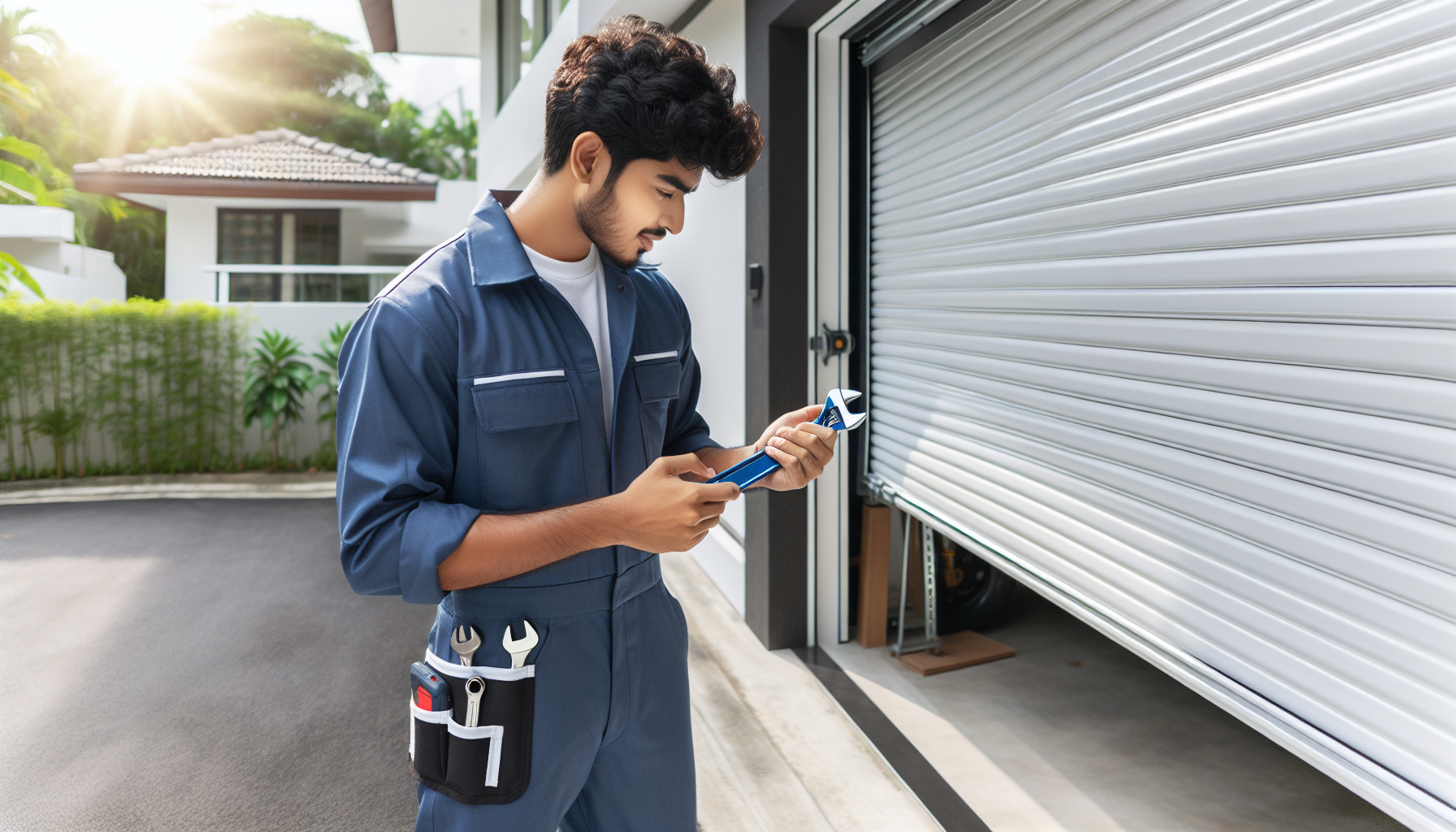 Garage Door Repair professional fixing a broken garage door in a residential driveway.