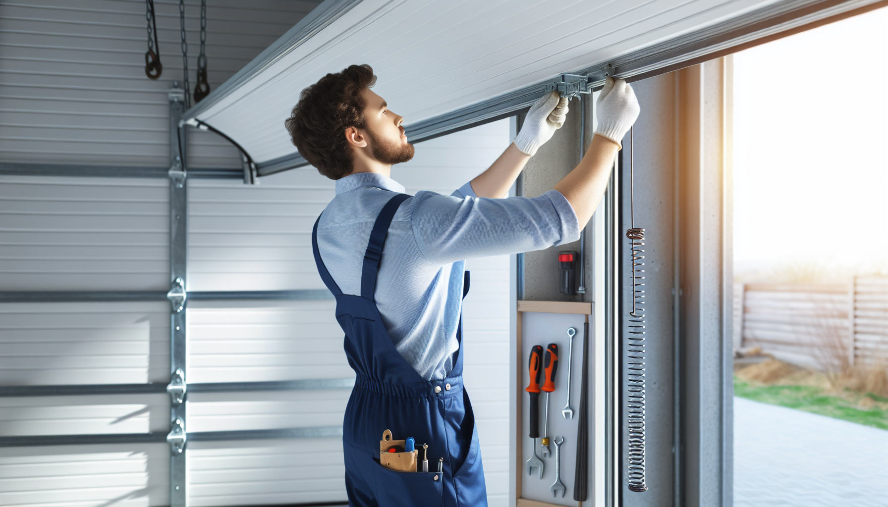 Garage door repair and maintenance guide with tools and technician performing service for safe, efficient garage door operati