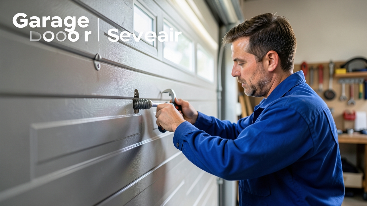 Garage door repair technician fixing a broken garage door spring in a residential driveway Garage door repair technician fixing a broken garage door spring in a residential driveway